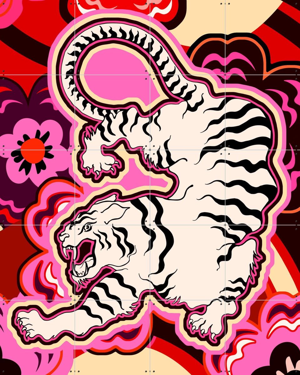 IXXI White Tiger Japanese Flowers Pink, Marylène Madou - 80 x 100 cm - Gratis ophangtool - Grote wanddecoratie en posters - Pop art, Kleurrijk