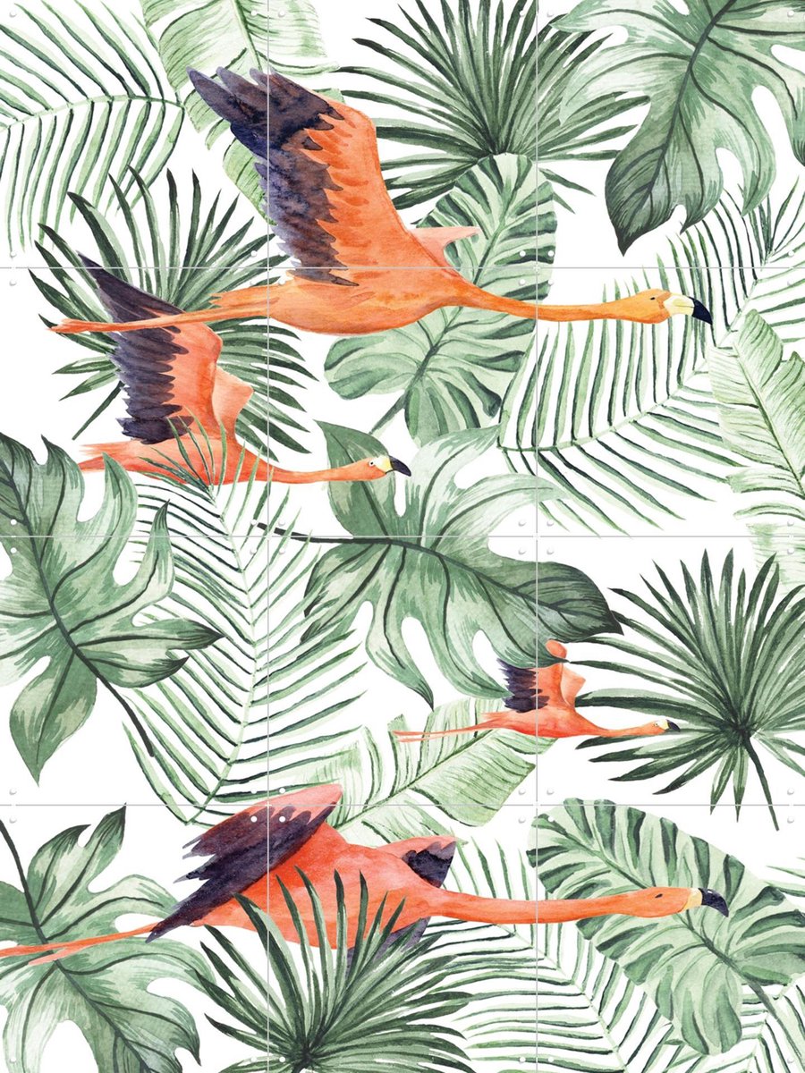IXXI Flamingo Flight, Creative Lab Amsterdam - 60 x 80 cm - Gratis ophangtool - Grote wanddecoratie en posters - Kleurrijk, Illustraties, Badkamer