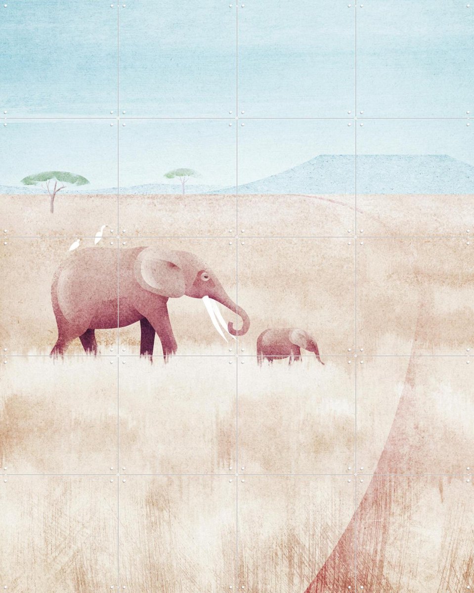 IXXI The Elephants, Henry Rivers - 80 x 100 cm - Gratis ophangtool - Grote wanddecoratie en posters - Aquarel, Illustraties, Minimalisme, Woonkamer