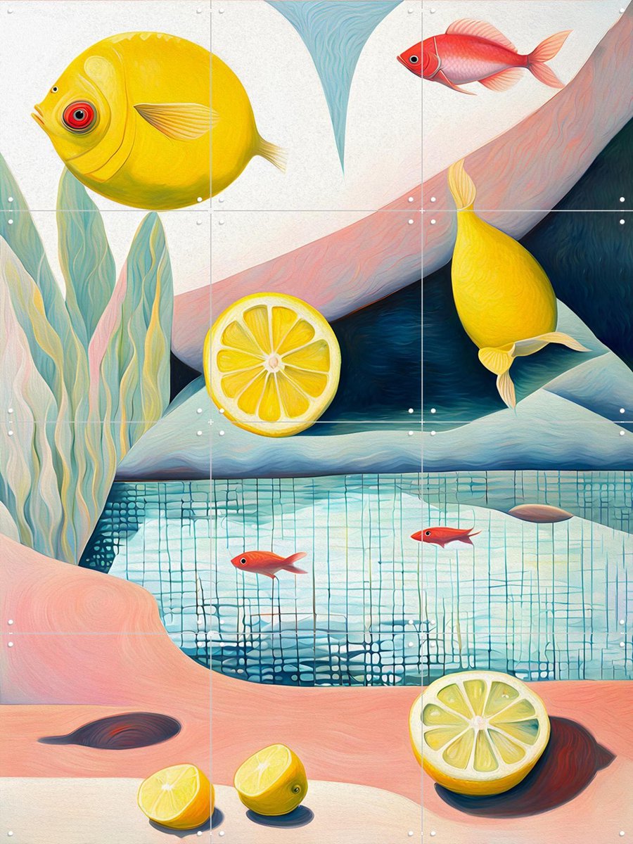 IXXI Lemon Fish, Artclaud - 60 x 80 cm - Gratis ophangtool - Grote wanddecoratie en posters - Digitale Kunst, Gemengde Technieken, Speels