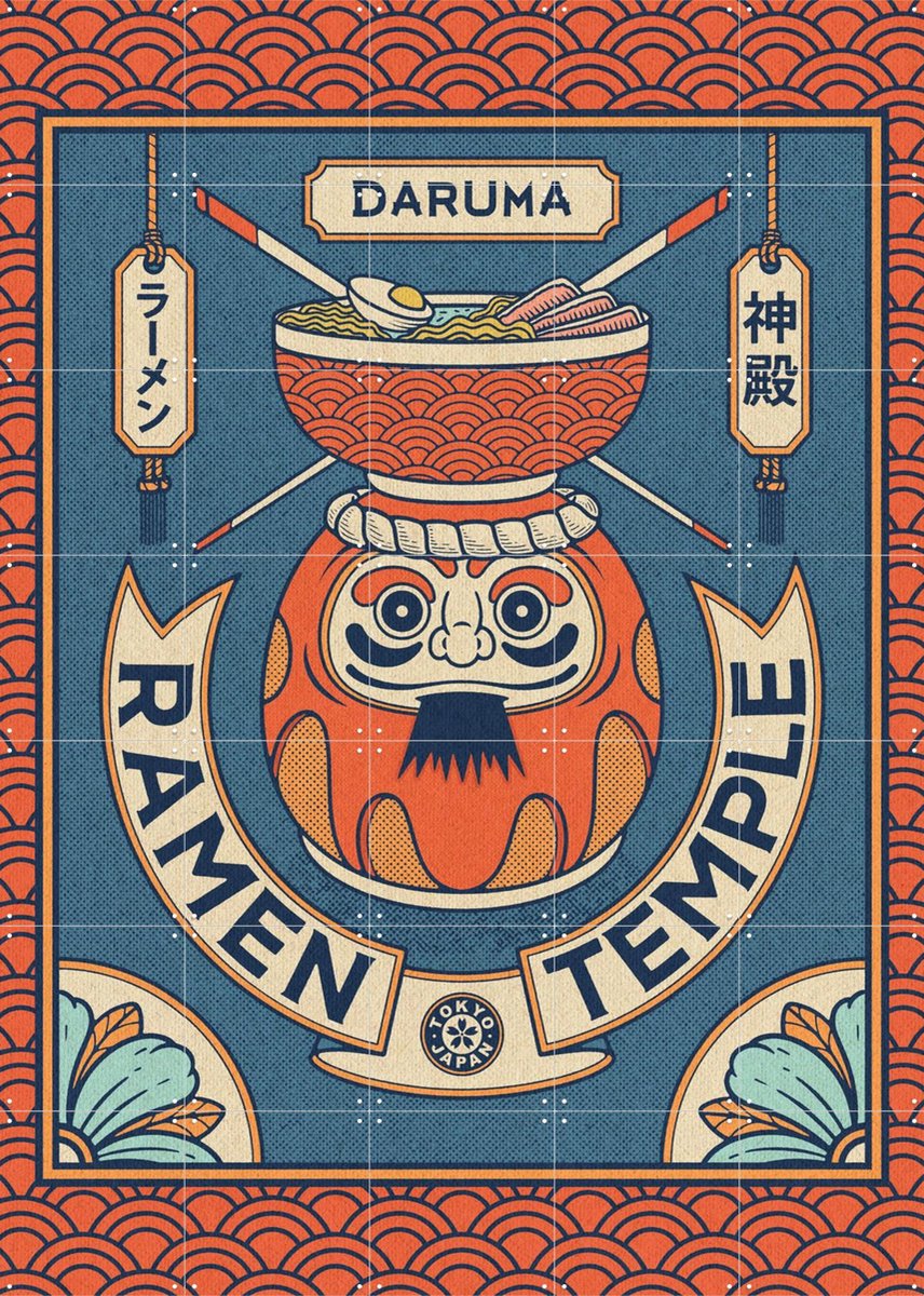 IXXI Ramen Temple Daruma, Ryan Ragnini - 100 x 140 cm - Gratis ophangtool - Grote wanddecoratie en posters - Kleurrijk, Illustraties, Grafisch