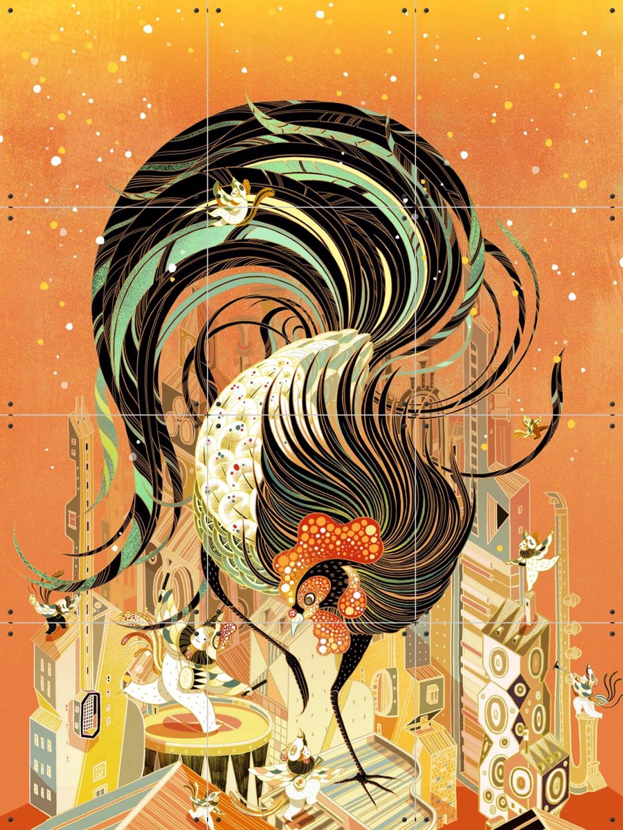 IXXI Rooster, Victo Ngai - 60 x 80 cm - Gratis ophangtool - Grote wanddecoratie en posters - Digitale Kunst, Speels, Illustraties, Grafisch Ontwerp