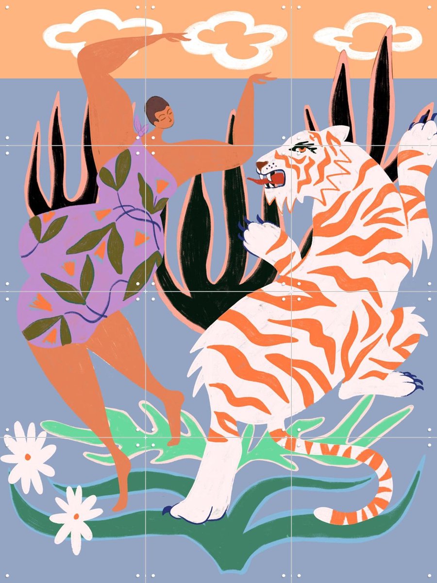 IXXI Hello Tiger, Arty Guava - 60 x 80 cm - Gratis ophangtool - Grote wanddecoratie en posters - Illustraties, Kleurrijk, Speels, Wilde dieren