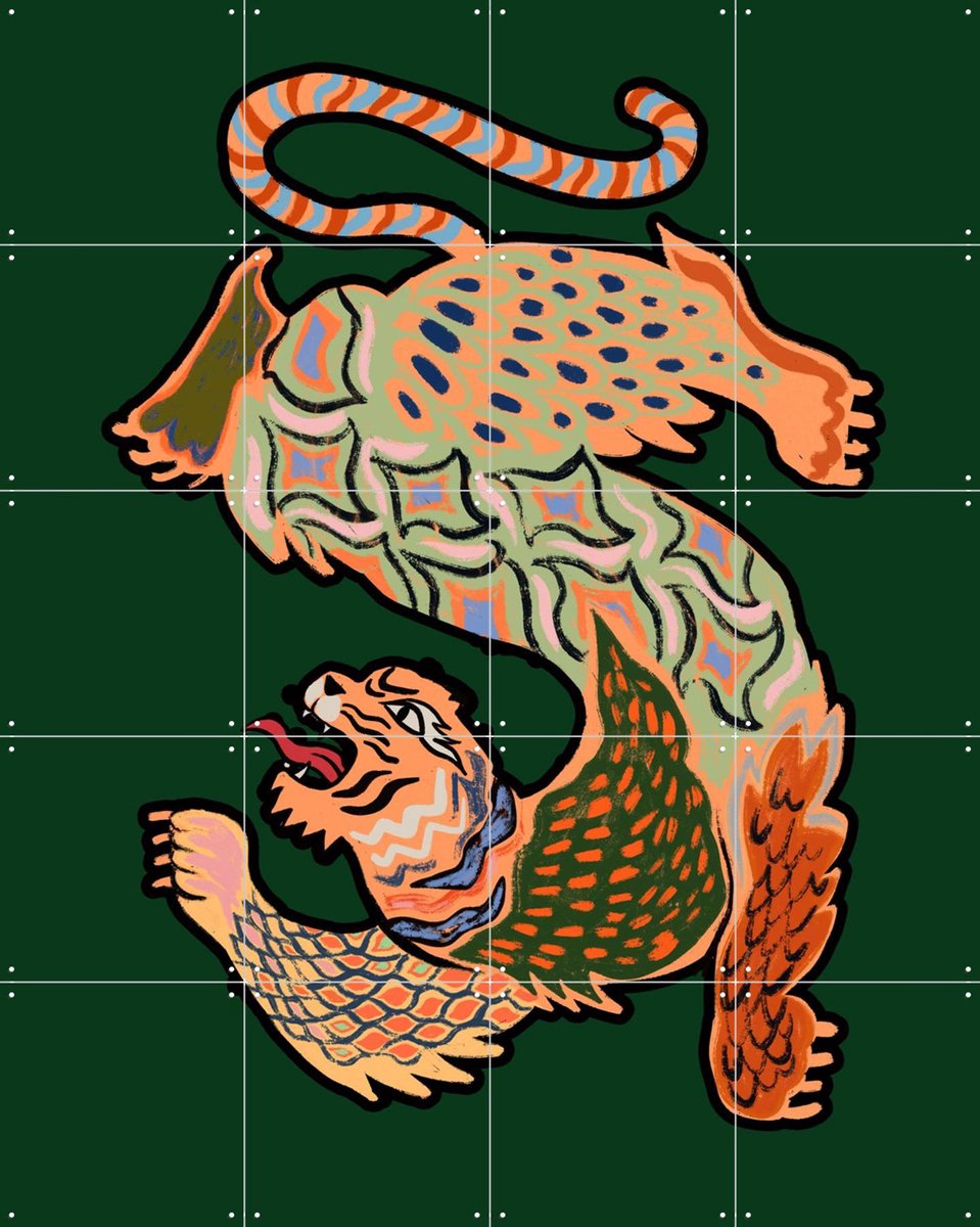 IXXI Asian Tiger, Arty Guava - 80 x 100 cm - Gratis ophangtool - Grote wanddecoratie en posters - Illustraties, Grafisch Ontwerp, Kleurrijk