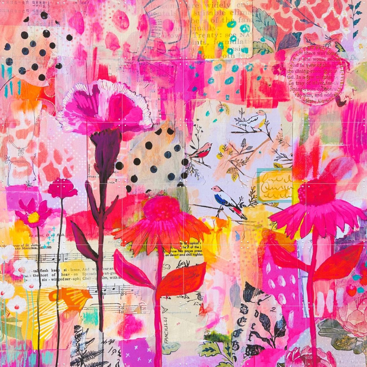 IXXI Birdy, Yvette Fanciulli - 120 x 120 cm - Gratis ophangtool - Grote wanddecoratie en posters - Kleurrijk, Bloemen