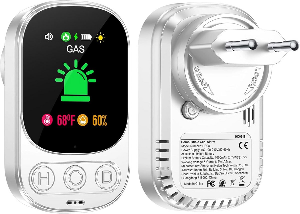 Combustibele Gasmelder voor Thuis met Stekker en Oplaadbare Batterij