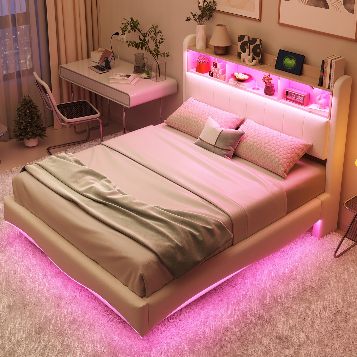 FloraGrace Gestoffeerd Bed 140x200cm – Schwebend Design Met Led Verlichting – Met Usb En Type C Aansluiting – Met Opbergruimte – Zonder matras – Beige