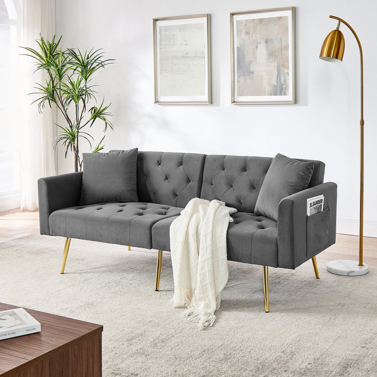FloraGrace Slaapbank 177 x 78 x 74 cm - 2-Zits Met 3-Standen Verstelbare Rugleuning En 2 Kussens - Voor Woonkamer Of Klein Appartement - Fluweel - Grijs