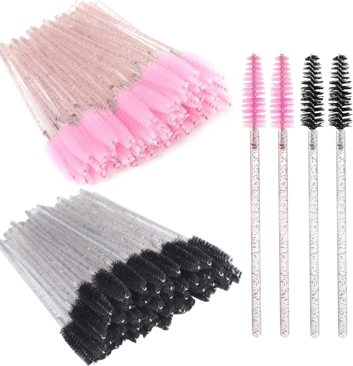 Famanu – wimperborstels voor wimpers en wenkbrauwen, kristal handvat, 100 stuks, roze en zwart