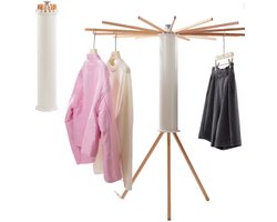 Opvouwbaar Droogrek Carrousel – Luxe Wasrek met 16 Houten Armen – Staand Droogmolen Voor Binnen – Ruimtebesparend – Zonder Montage – Wit/Hout