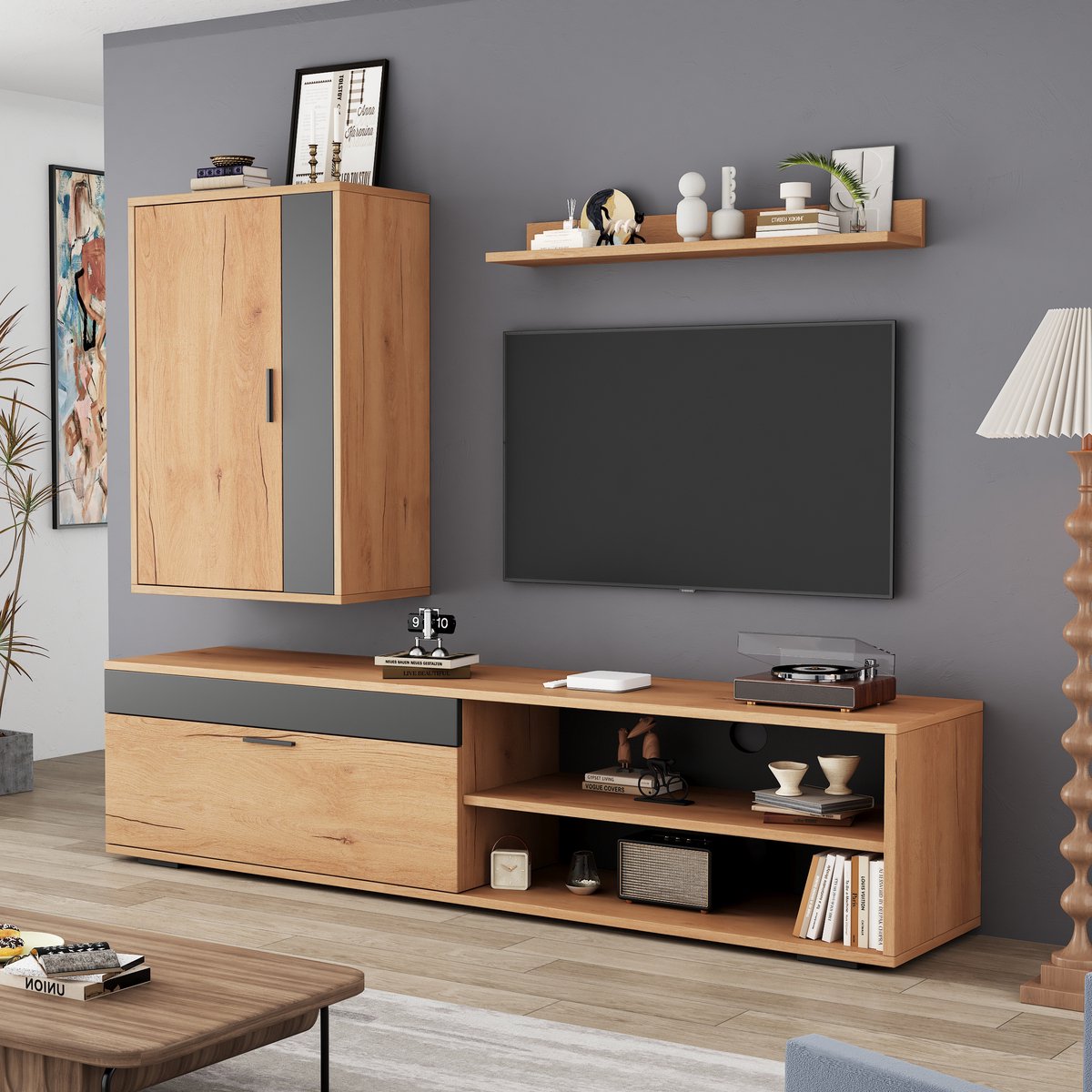 FloraGrace Tv Meubelset Met Kast En Wandplank - Opbergen En Presenteren Voor Kleine Woonkamer - Spaanplaat Eiken En Zwart - 140x35x39 Cm