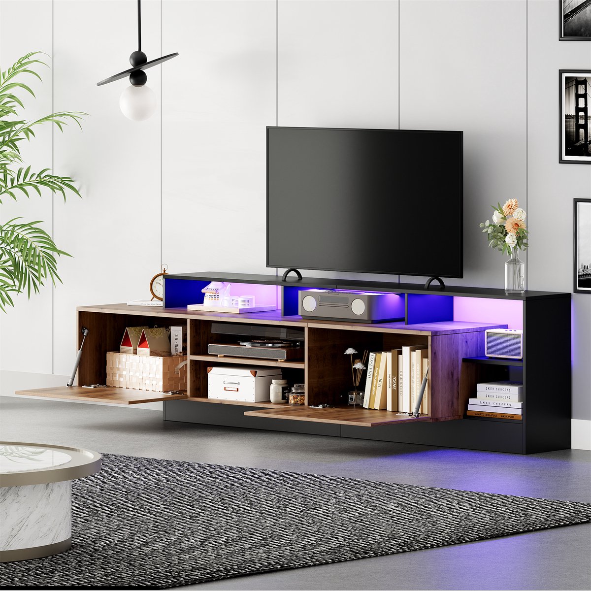 FloraGrace Tv Meubel - Led Verlichting En Ruime Opbergruimte - Voor Woonkamer En Slaapkamer - Spaanplaat Zwart Eiken - 190x40x48,5 Cm Houtkleur