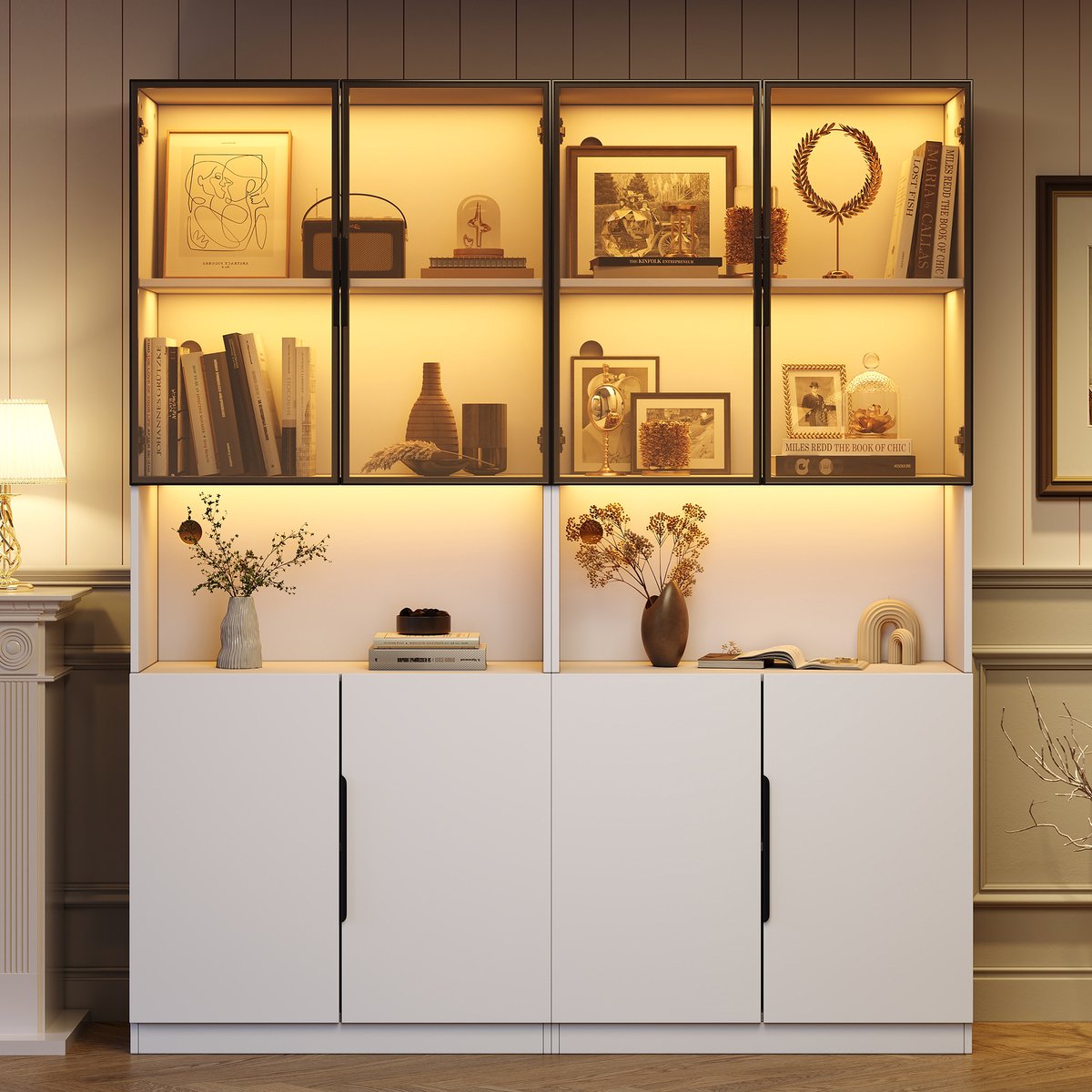 FloraGrace Vitrinekast - Glazen Deuren Met LED Verlichting - Voor Woonkamer En Boekenkamer - Spaanplaat Aluminium En Gehard Glas - Wit - 160x30x200 Cm