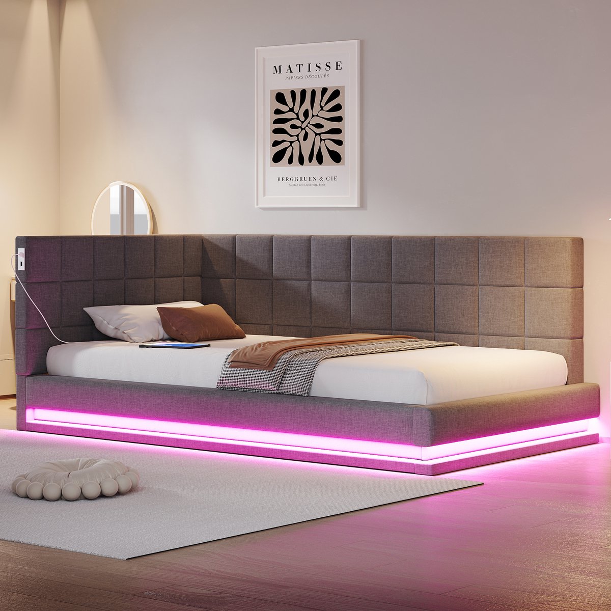 Wishdor - Gestoffeerd Slaapbankbed - Led-Lichtstrip Met Kleurwisseling - Usb-Aansluiting - Lattenbodem - Linnen - Grijs - 90 X 200 Cm