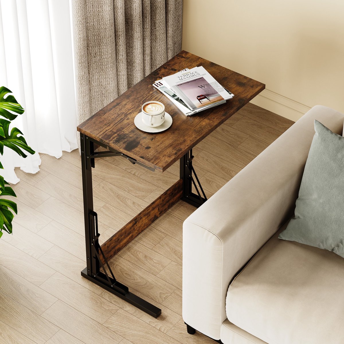 Bijzettafel/salontafel/opklapbare C-vormige bijzettafel - 2-delige set - metalen frame, verstelbare poten, geschikt voor woonkamer, slaapkamer, kantoor - 60 x 37 x 71 cm - bruin