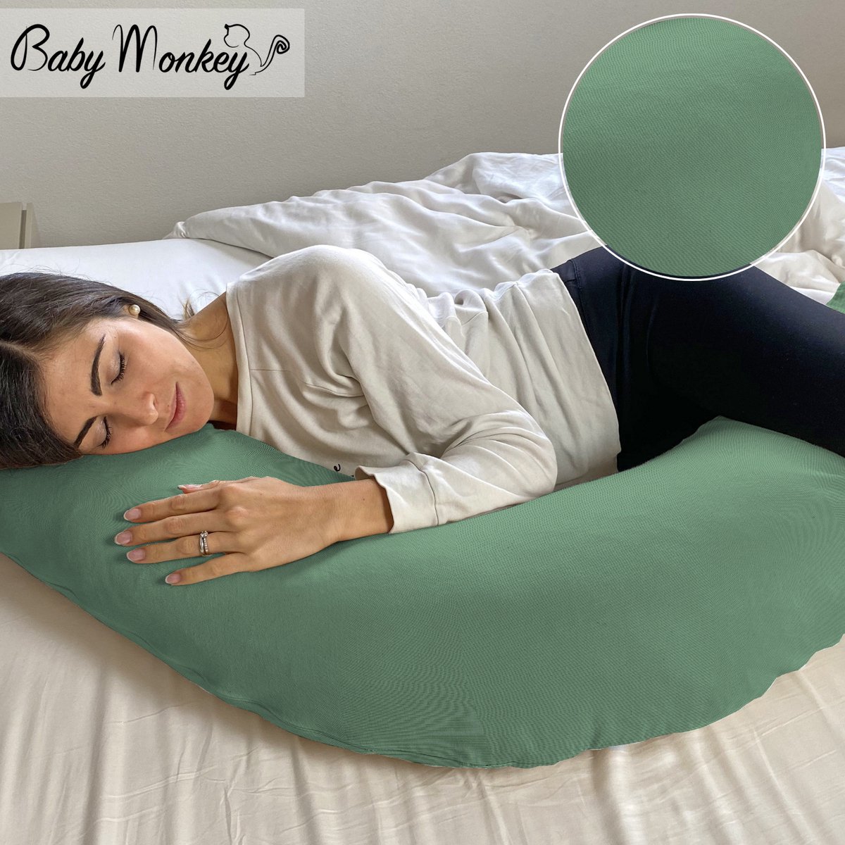 BabyMonkey® Voedingskussen | Zwangerschapskussen | Zijslaapkussen | natuurlijke jacquard katoenen hoes | 100% Made in Italy | duurzaam geproduceerd | donkergroen