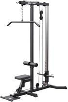 Zwarte lat pulley station van Gorilla Sports met zitting, leg rollers en stuurstang.