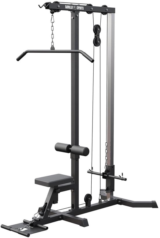 Zwarte lat pulley station van Gorilla Sports met zitting, leg rollers en stuurstang.