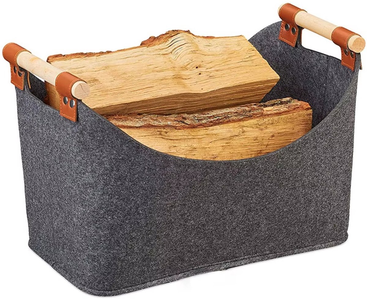 Vilt Houtmand 58L - 45x32x40 cm - Brandhoutmand met Houten Handgrepen - Modern Vilt Design - Opbergmand voor Openhaardhout & Speelgoed - Antraciet