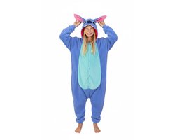 KIMU Onesie Stitch Pak - Maat 128-134 - Monster Jumpsuit Huispak Fleece Pyjama Kinderen Jongen Meisje Blauw Monstertje Lilo Alien Fleece Festival