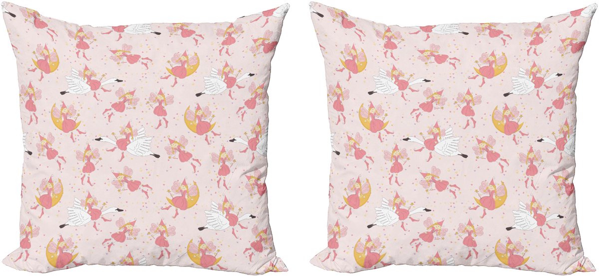 ABAKUHAUS Roze Decoratieve Kussenhoes, Set van 2, Vliegende Feeën Zwaan Maan, 40x40 cm, Roze Aarde Geel Roze