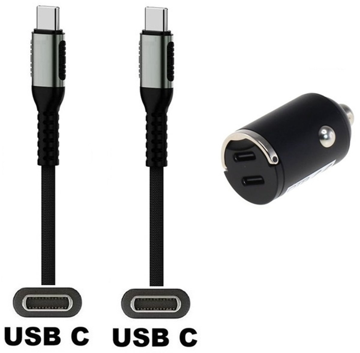 OneOne auto snellader met 2 poorten + 0,2m sterke USB C naar C kabel. 40W (2x 20W) lader. Autolader adapter past op Samsung Galaxy A34, A54, A24, A14, A05, F04, F34, F54, A15, A25, A35, F15, M14, M04, M34, M21, M30, M40, M54