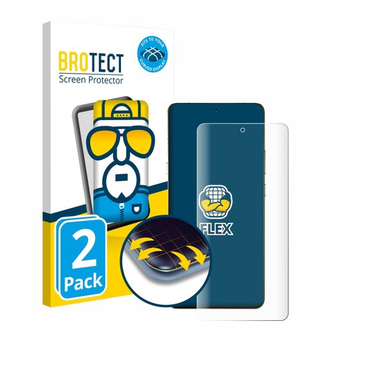 Een telefoon met een gebogen display en een screenprotector, naast de verpakking met een cartoonfiguur.