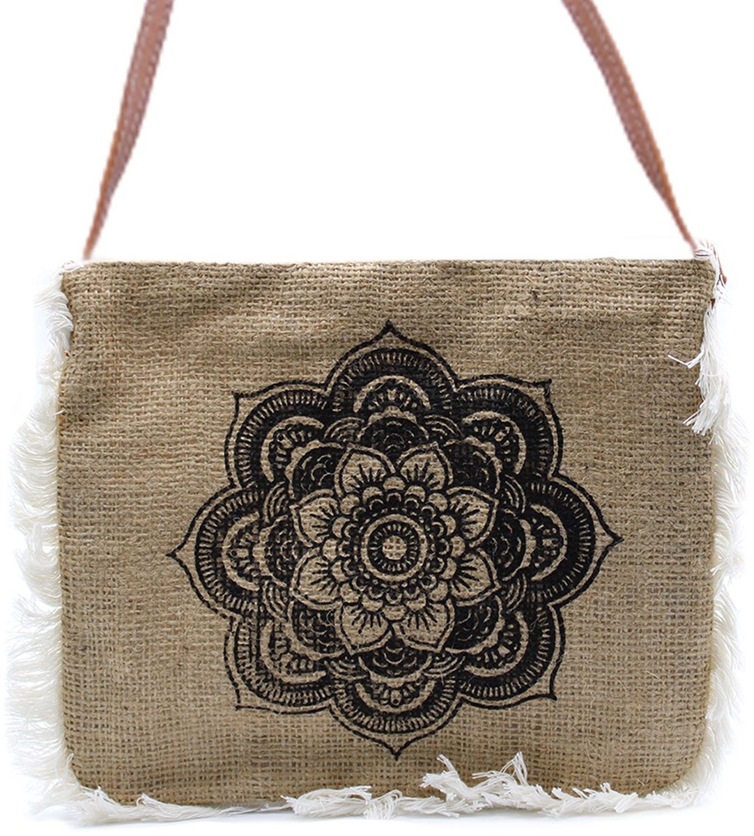 Jute Franje Tas - Mandela Print - 20 x 24 cm - Schoudertasje - Festivaltasje