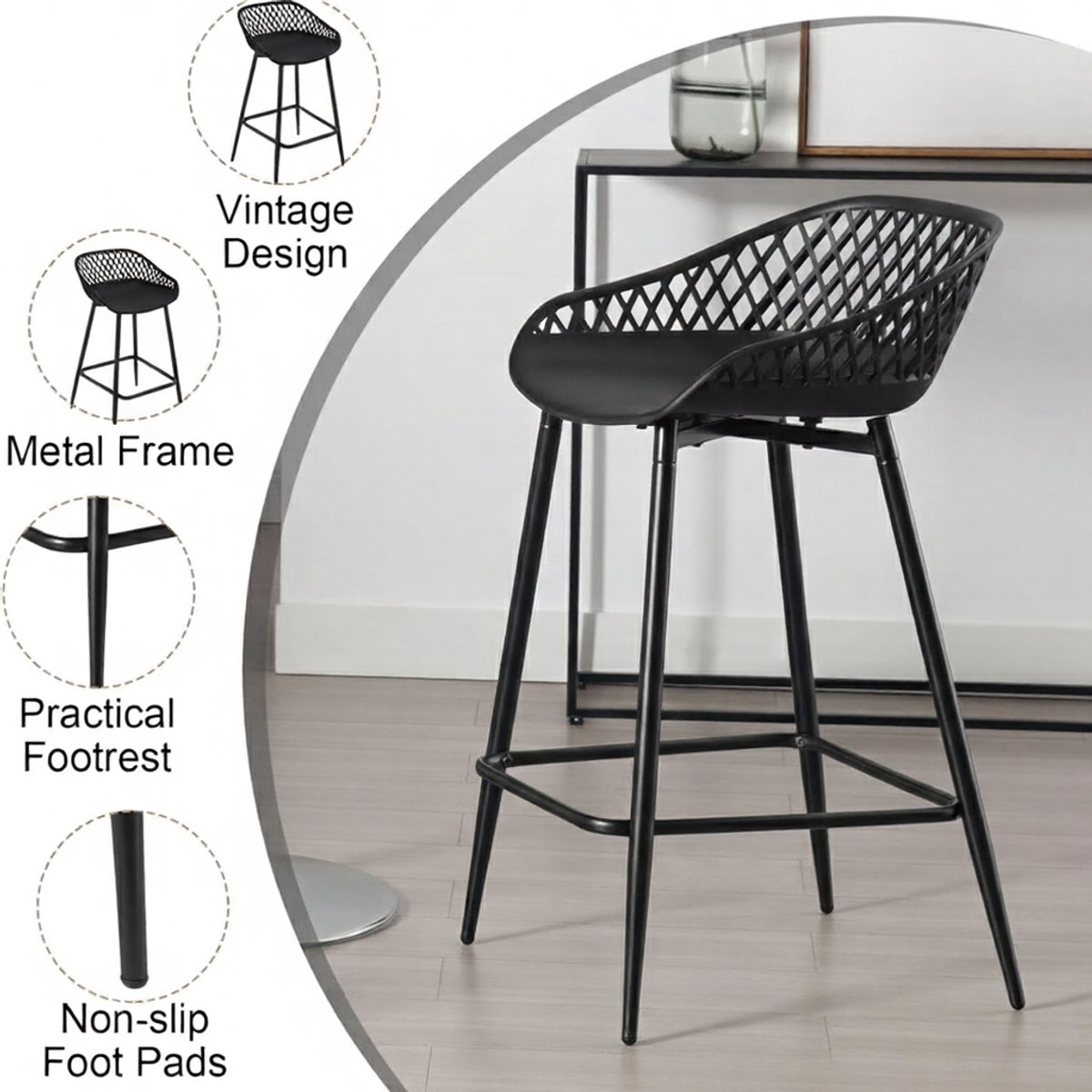 Barkrukken Set van 2 – House&Garden Moderne Bistro Barstoelen 84,5 cm – Ergonomische Holle Rugleuning – PP Kunststof Zitting Zwart – Met Metalen Frame & Voetensteun – Voor Keuken, Bar, Bistro en Outdoor