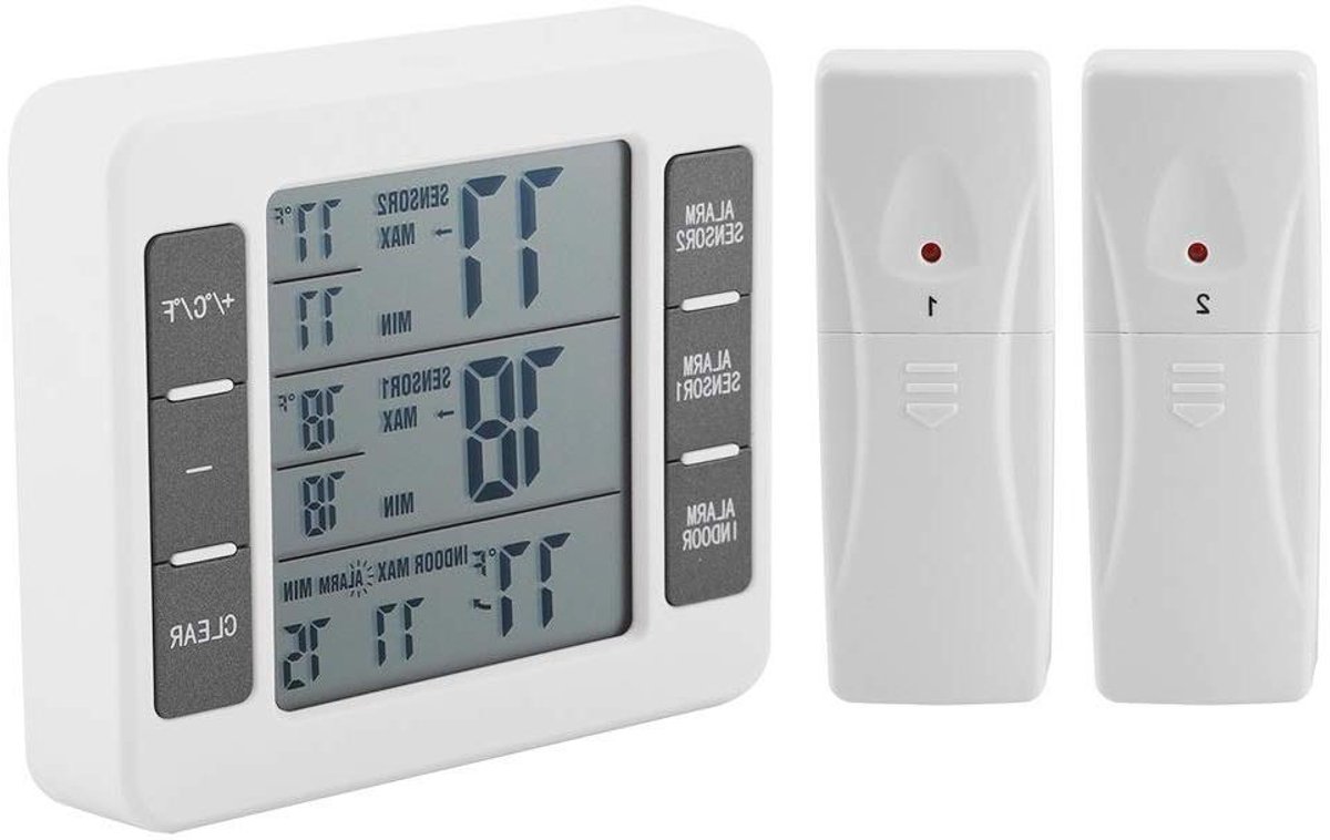 Allecto - Digitale Koelkast Thermometer - Draadloos - Digitaal Alarm - Sensor Display - Min/Max - Thuis - Restaurant - Draadloos - Geluid Alarm - Koelkast Vriezer - Compatibel - Grijs - 2 Stuks.