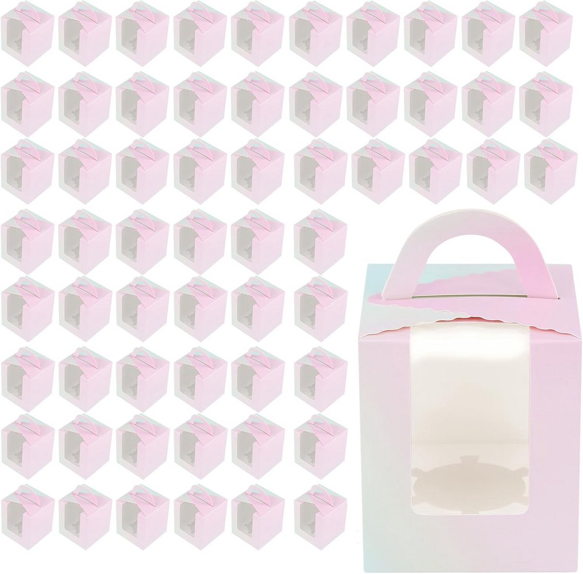 100 Stuks Individuele Cupcake Doosjes met Venster en Handvat - Gradient Roze