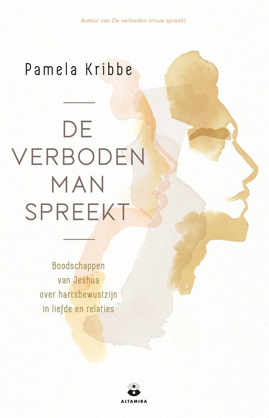 Boekomslag met tekst 'De verboden man spreekt' van Pamela Kribbe en een aquarel van een vrouwenprofiel.