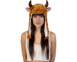 KIMU® Muts Flappen Donkerbruine Stier - Laplander met Oortjes Bruin Koe Hoorns - Bontmuts Kinderen of Volwassenen met Klein Hoofd - Flapmuts Pluche Bull Os Rund Halloween