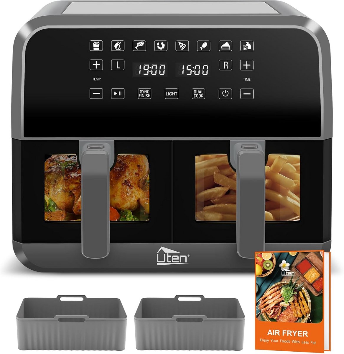 Dubbele Heteluchtfriteuse XL 8L - Dual Zone Airfryer met 2 Siliconen Matten & Recepten