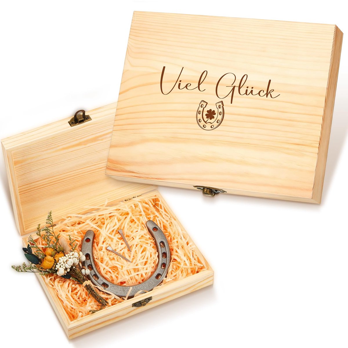 Hoefijzer geluksbrenger - Decoratieve geschenkset voor huwelijken en verhuizingen - Inclusief houten kist en gedroogde bloemen