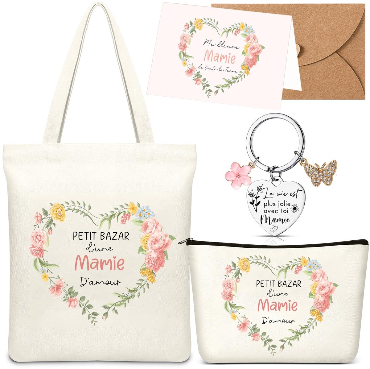 Cadeauset voor Oma - Inclusief Canvas Tas, Make-Up Tas, Sleutelhanger, Wenskaart en Envelop - Perfect voor Verjaardag en Feestdagen
