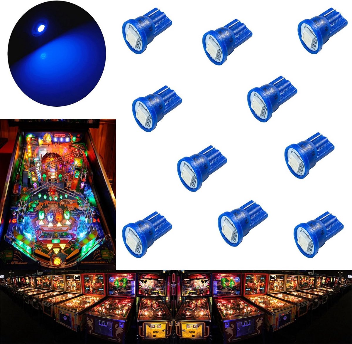 10x T10 LED Wissellampjes voor Pinball Machines en Dashboards - Blauw 6.3V
