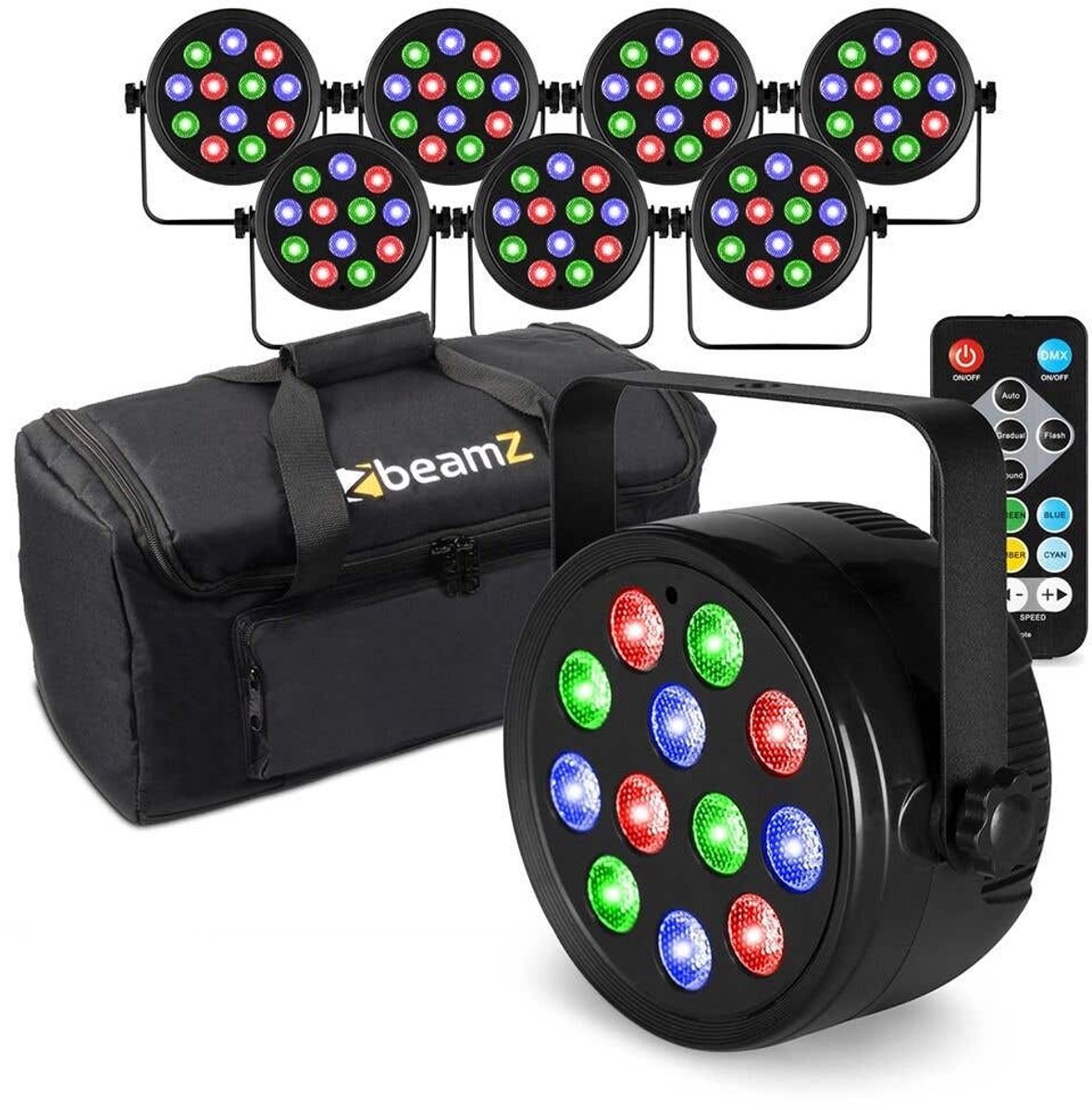 Fuzzix set van 8 PLF12 Party LED parren in flightbag - 12x 2W LED’s - Inclusief afstandsbediening