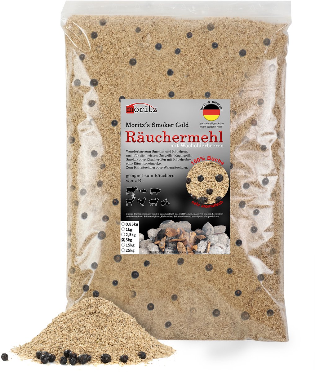 5 kg Moritz Smokers Gold - rookmeel beuk met jeneverbes fijn 0,5 – 1 mm voor koud en warm roken van vis, vlees en meer