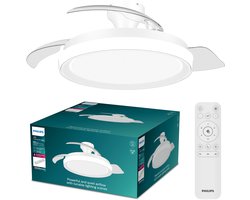 Philips Bliss Plafondventilator met ingebouwde LED-lamp - 3 Intrekbare bladen, diameter: 106cm - 4500 Lumen - Instelbaar wit licht van 2700K tot 6500K - Dimbaar tot 5% - Afstandsbediening - Wit met glinstering
