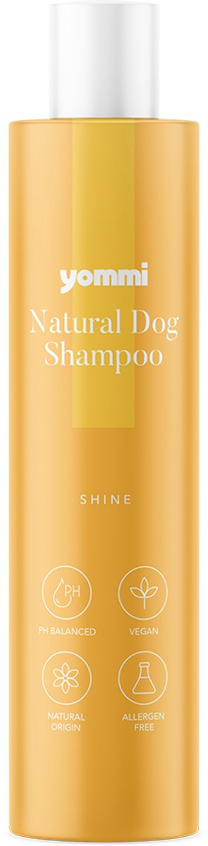 Yommi Honden shampoo Natural shine 250ml -duindoorn- Versterkt natuurlijke glans - vegan - stralende zachte verzorgde huid - dagelijks gebruik - alle vachttypes - vegan formule - ideaal bij een doffe of futloze vacht - yommi shampoo