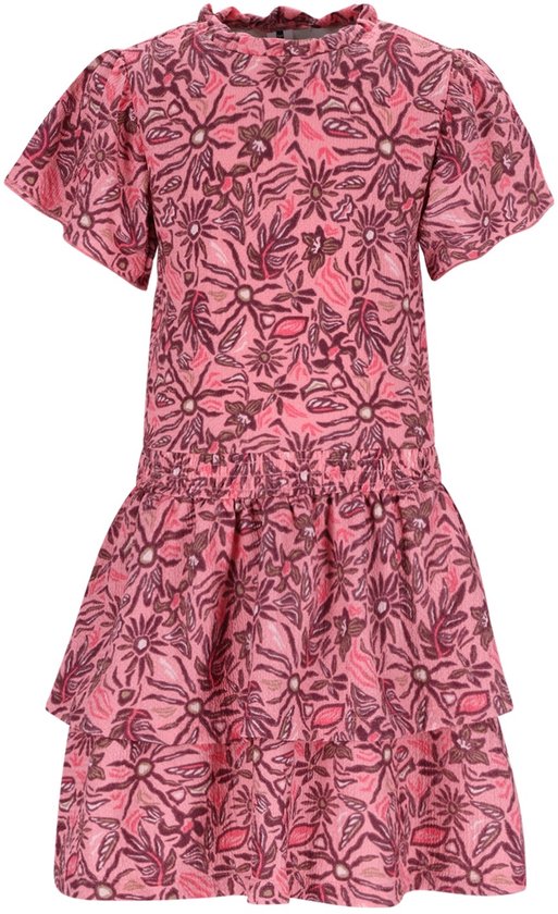 Roze jurk met korte pofmouwen, rucheskraag en bloemenprint in paars en bruin. De jurk heeft een elastische tailleband en een gelaagde rok.