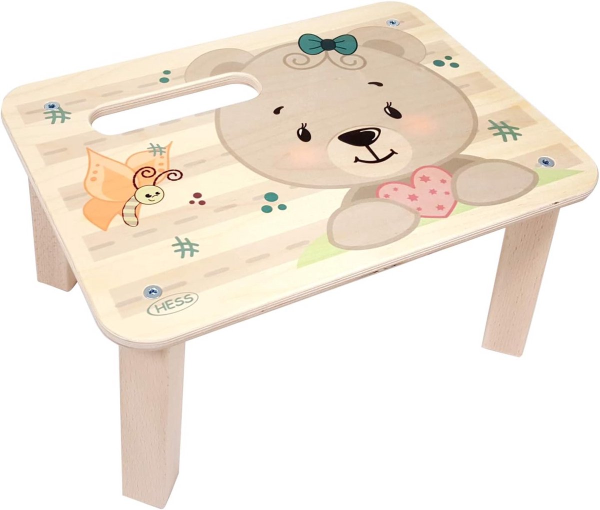 Houten voetenbank kinderen - multifunctionele houten kruk, motief beer, ca. 33 x 24,5 x 17,5 cm