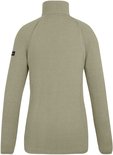 Achterkant beige dames fleece jas met textuur en logo op de mouw.