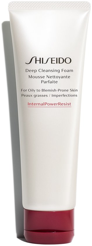 Witte tube met rode dop, Shiseido Deep Cleansing Foam Mousse Nettoyante Parfaite opdruk. Product staat in de schaduw.