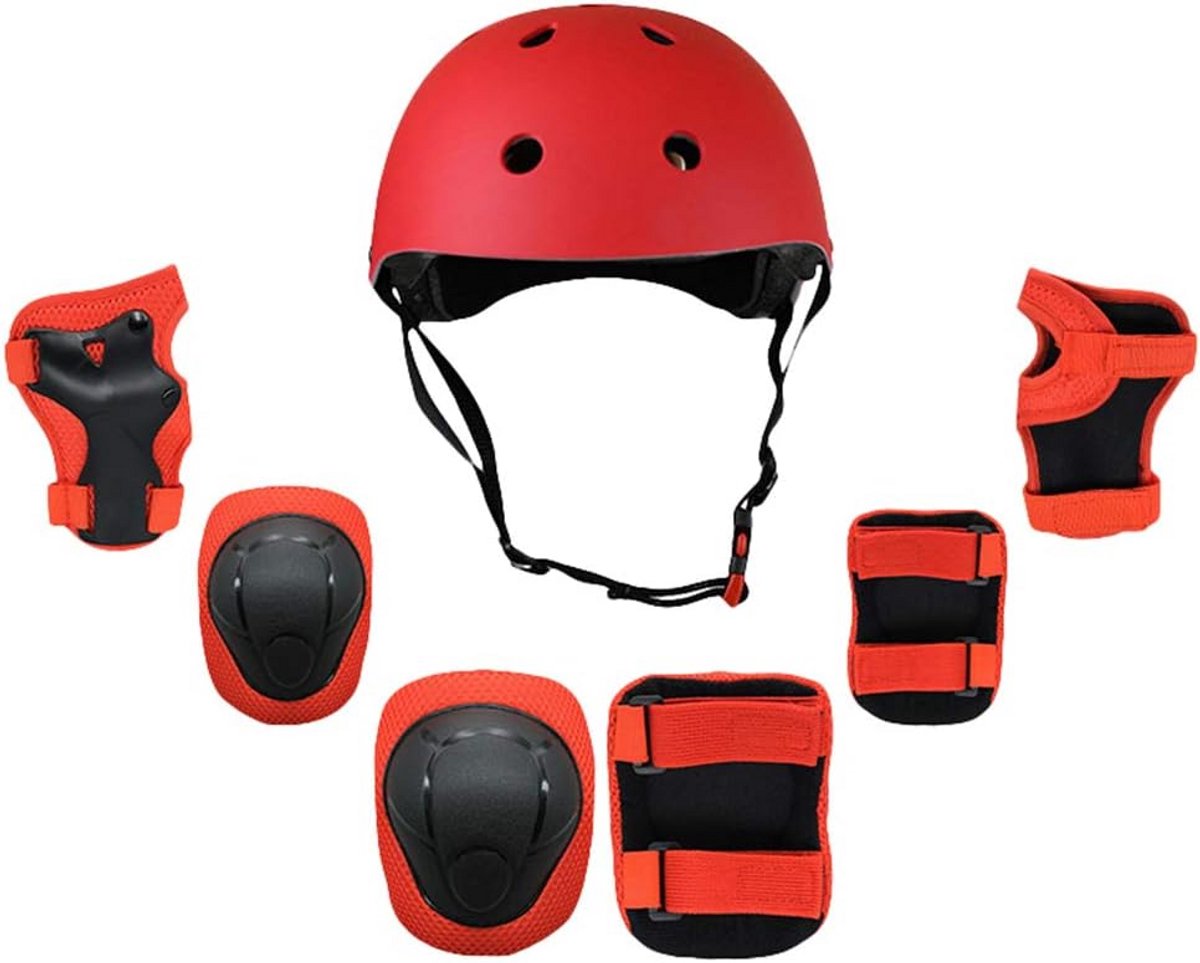 Compleet 7-Delige Beschermset Kinderen: Helm, Knie-, Elleboog- en Polsbeschermers voor Skeelers, Fietsen en Scooter (Rood, 2,5-9 Jaar)