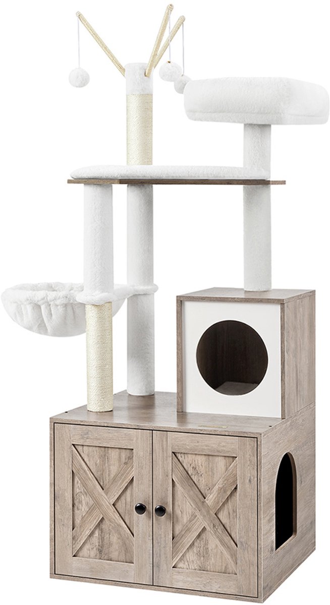 Krabpaal – Hout – Grijsbeige – 2-in-1 ontwerp met kattenbak en krabpalen