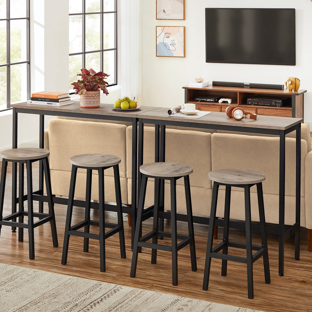 Barkrukken – Hout – Eikenbeige en wit – Set van 2 met voetensteun