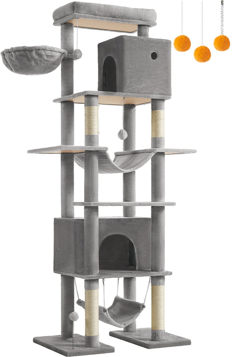 Kattentoren – Samengesteld hout – Beige – Meerdere verdiepingen met krabpalen en hangmatten
