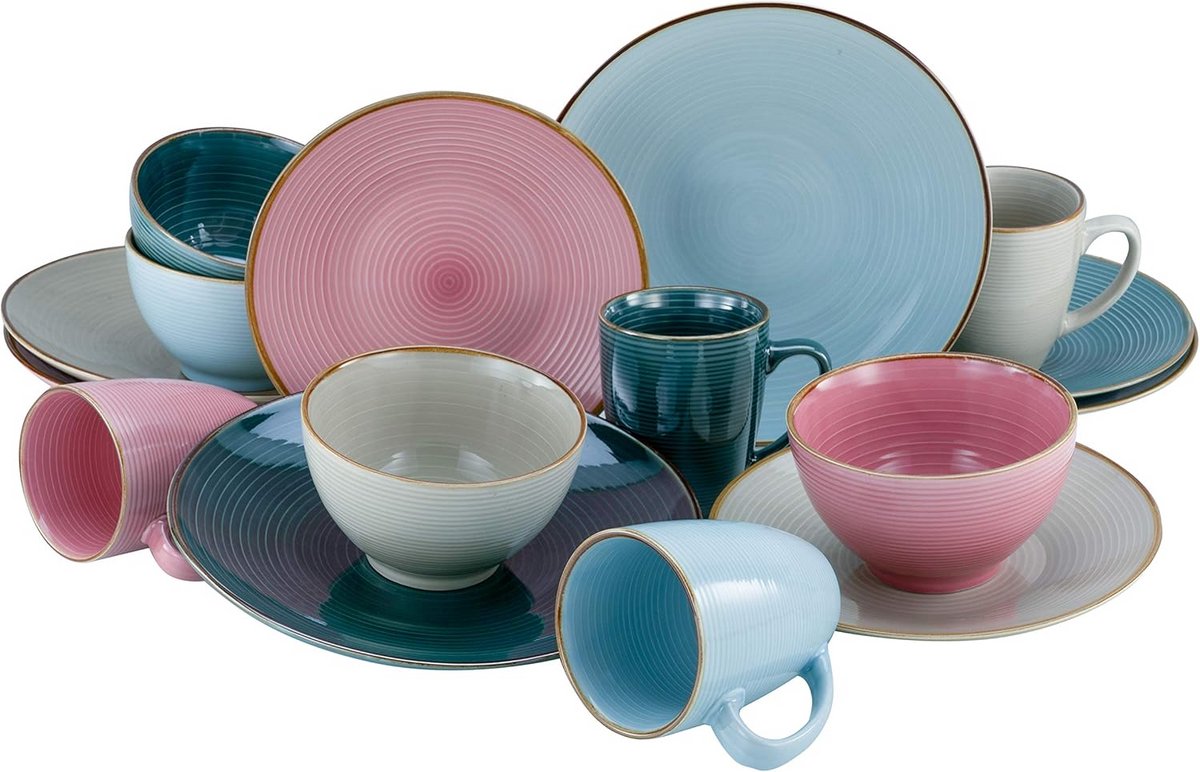 16-delig Combinatieservies Steengoed in Pastelkleuren - Diner, Ontbijt en Koffiesets